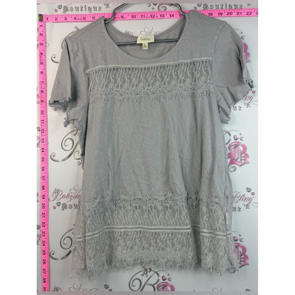 Deletta T-shirt embroidered Gray Short Sleeve Tee with Lace Insets